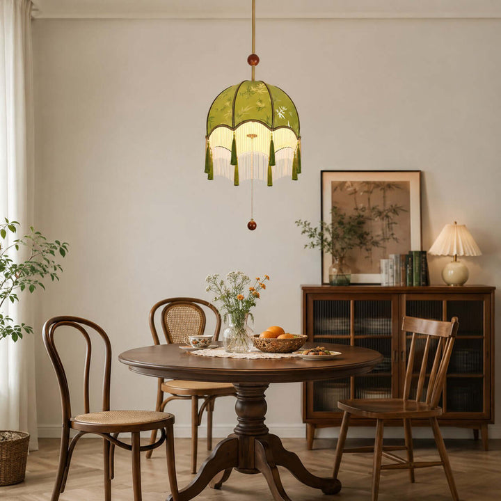 Selvara Green Fabric Tassel Pendant Light for Dining Room