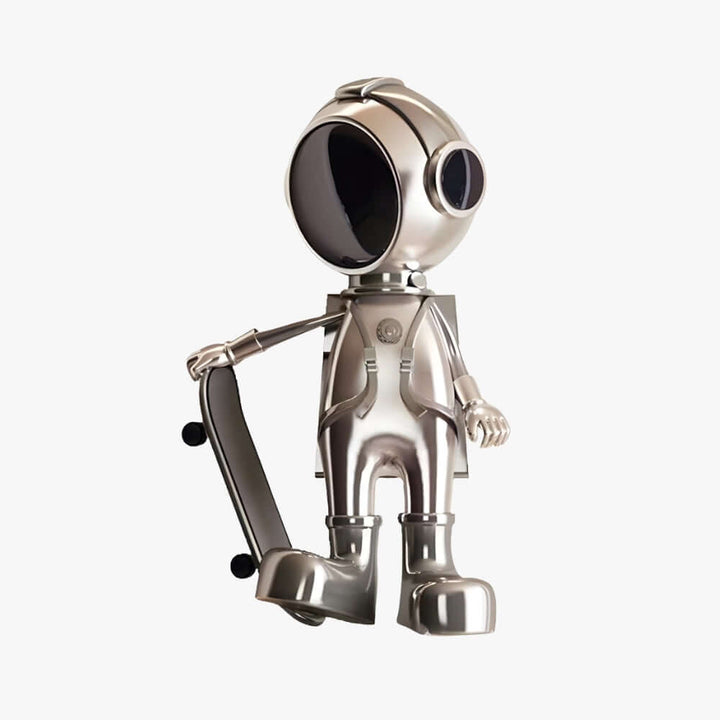 Metallic astronaut sculpture holding skateboard, modern Art Deco decor for living room, unique resin decorative ornament.