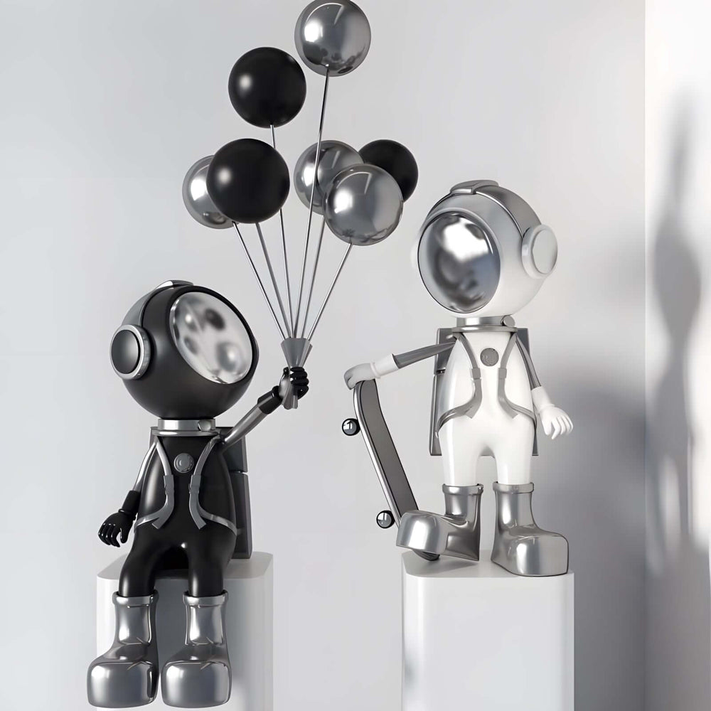 Decorative resin astronaut sculptures holding balloons and skateboard, ideal for modern living room decor.