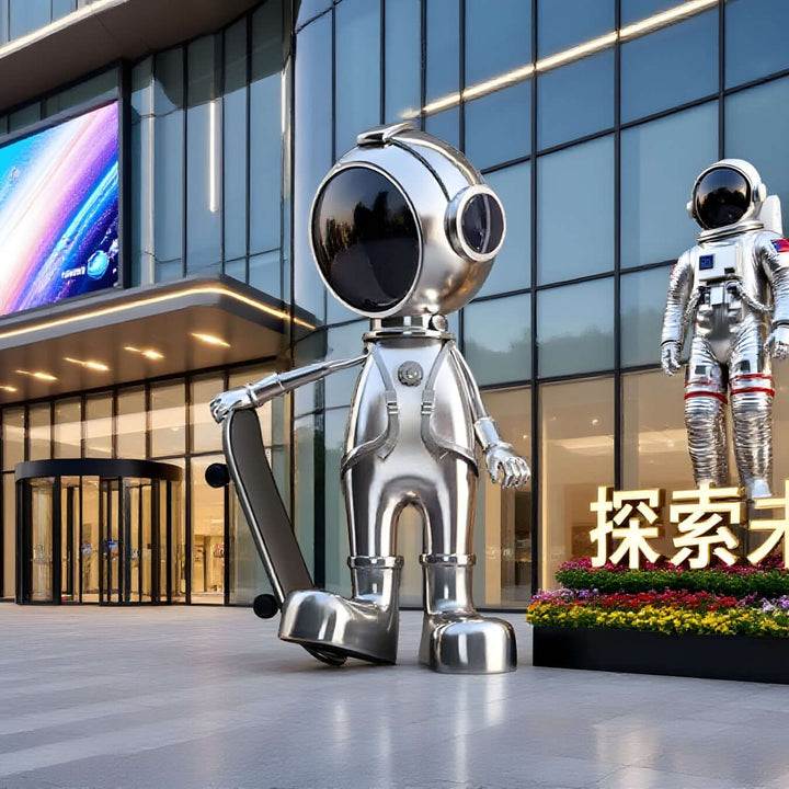 Skateboarding astronaut sculpture in modern plaza, showcasing a blend of art deco style and contemporary design.