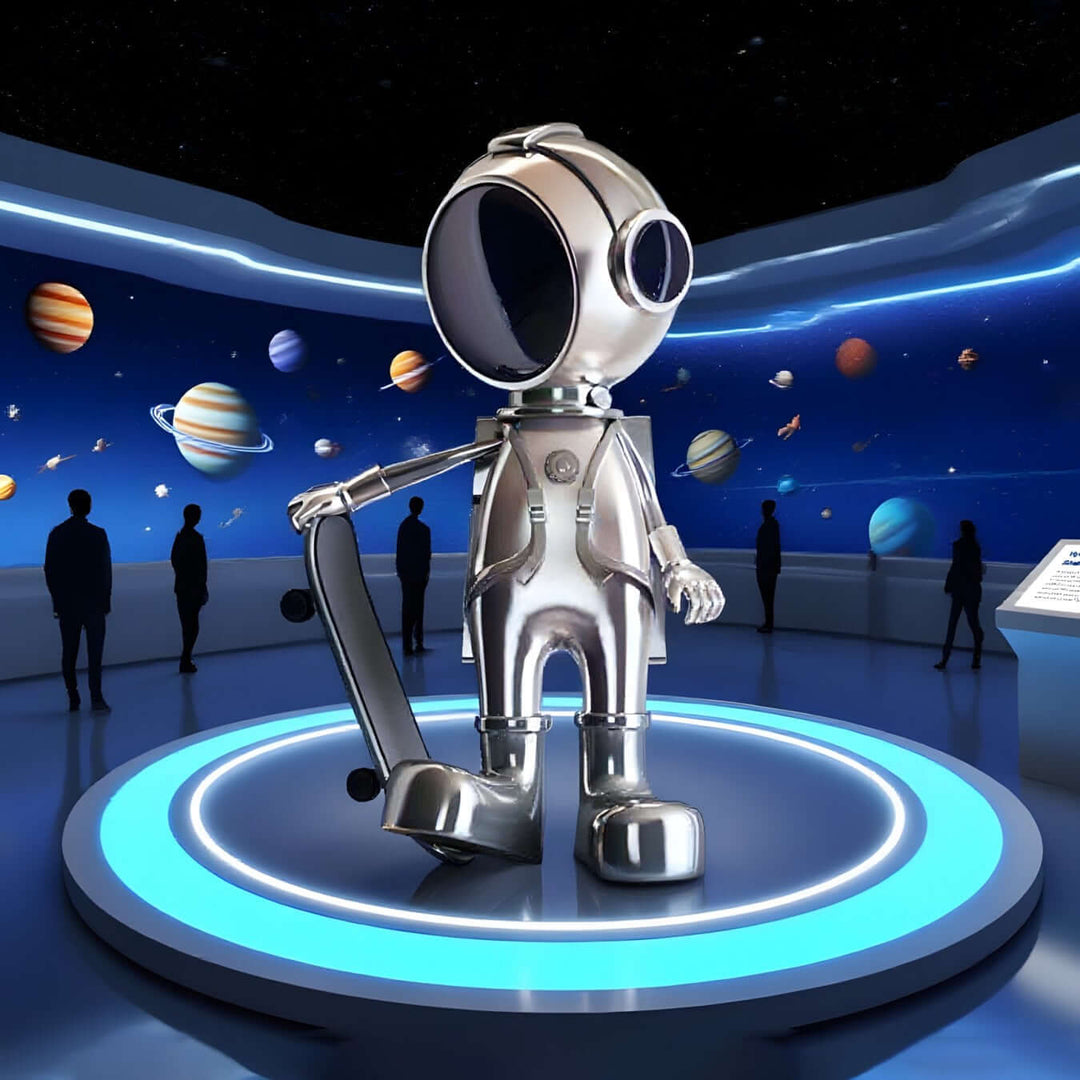 Sleek silver astronaut sculpture holding a skateboard, showcased in a planetarium-themed space backdrop.