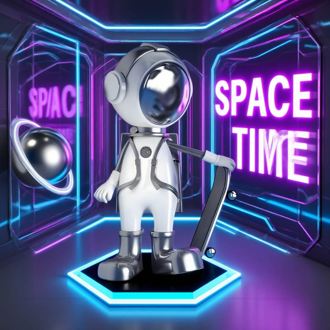 Skateboarding astronaut sculpture in neon space setting, perfect for modern living room decor and Art Deco style.