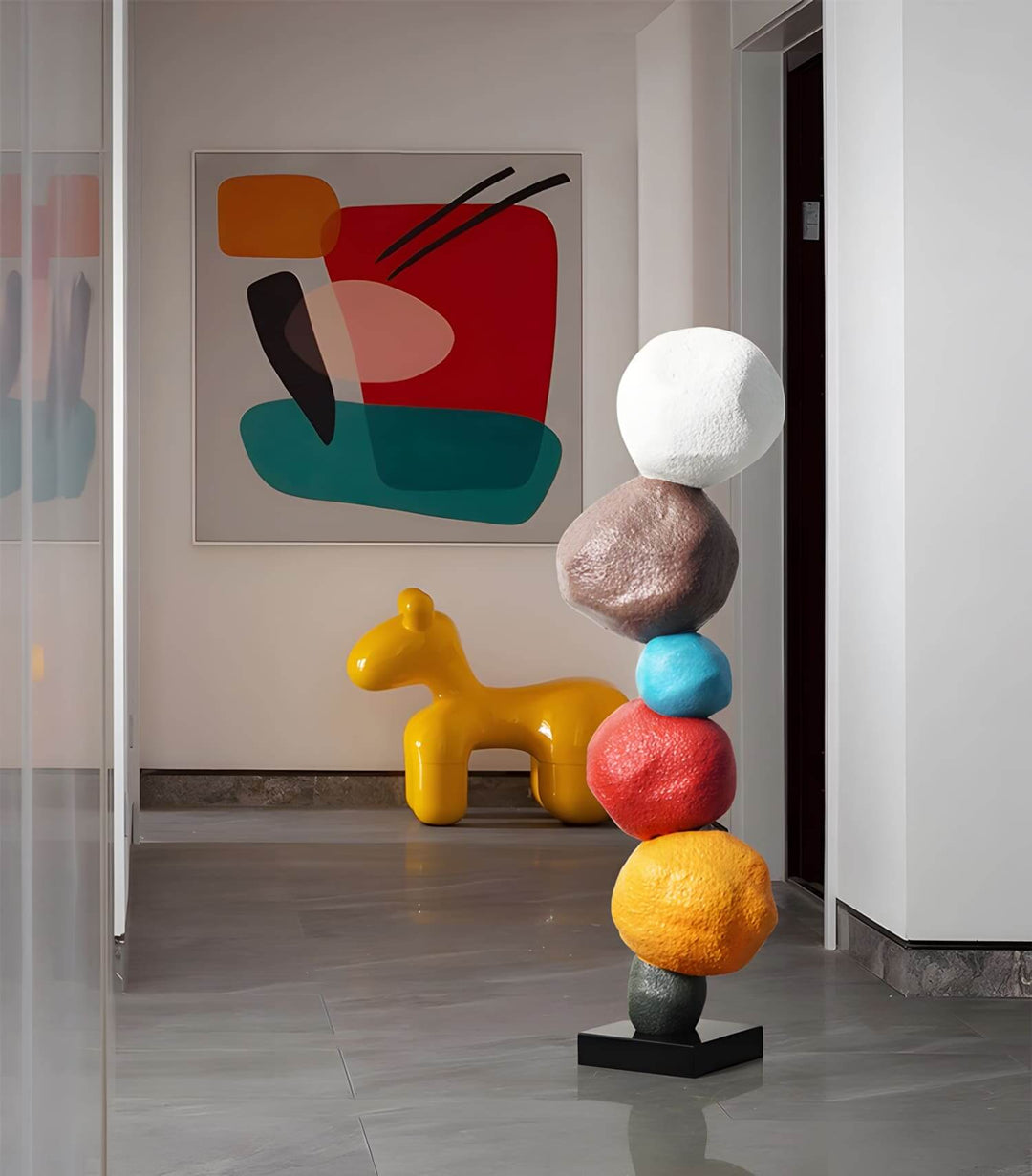 Colorful stacked stone sculpture, a striking resin decorative ornament for modern living room décor.