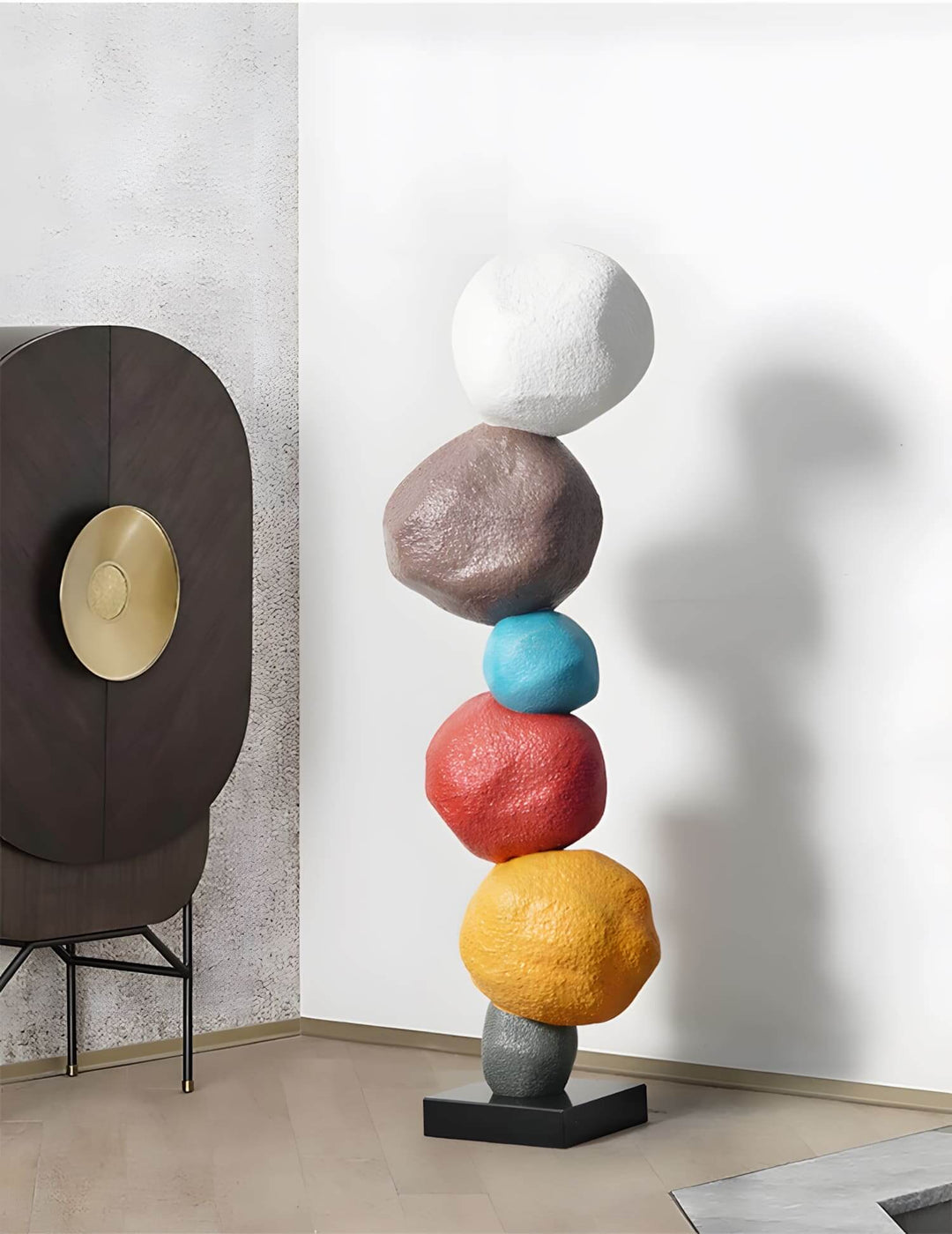Colorful stacked stone resin sculpture, perfect for modern living room decorations and Art Deco style.