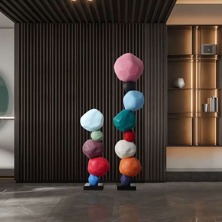 Colorful stacked stone resin sculpture as decorative ornament for modern living room in Art Deco style.