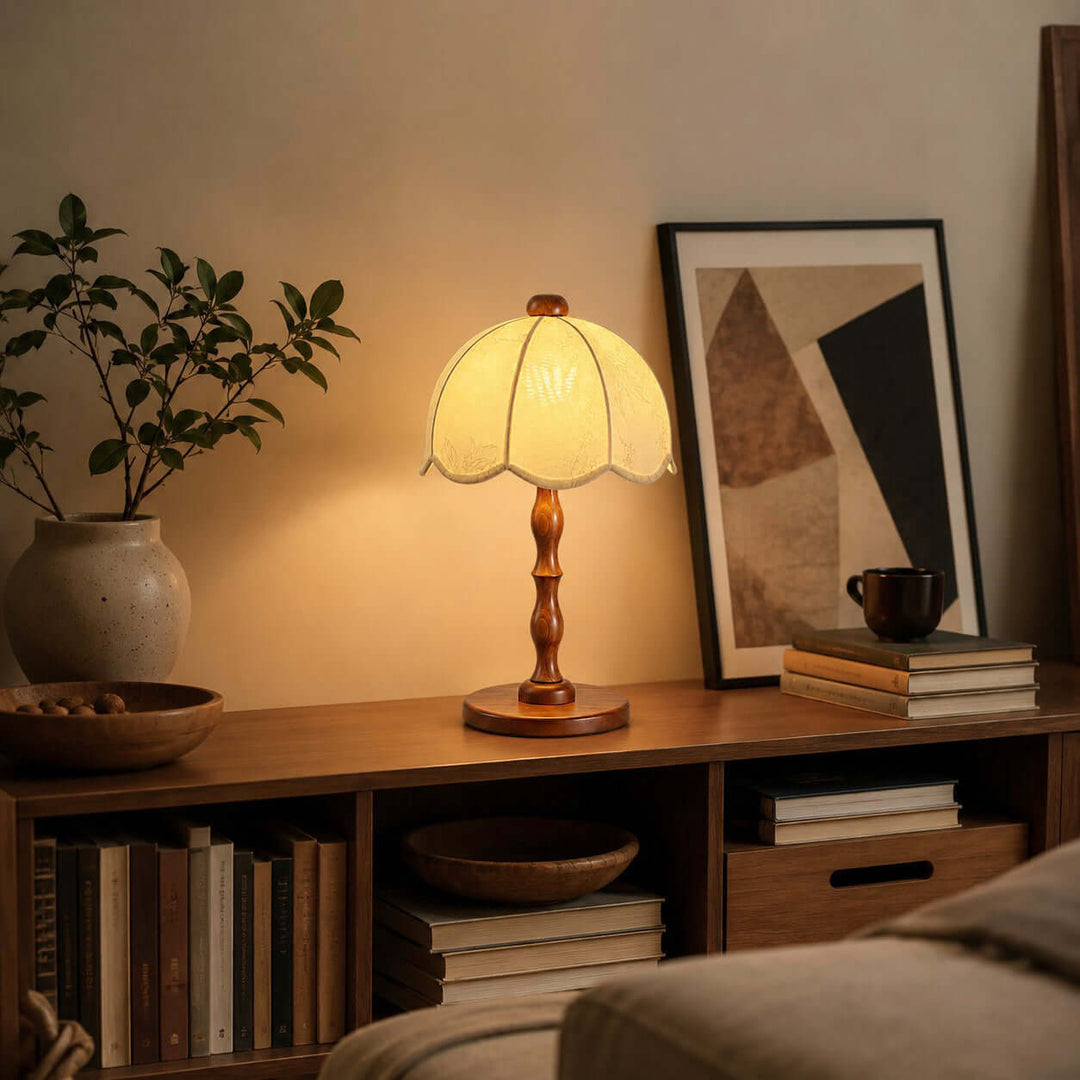 Tamber Vintage Wood Table Lamp with Scalloped Floral Shade