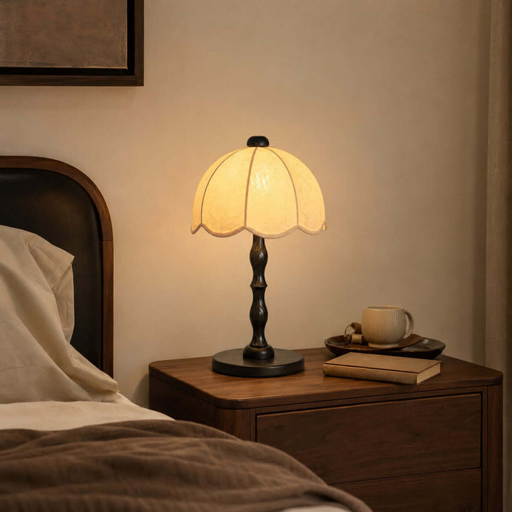 Tamber Vintage Wood Table Lamp with Scalloped Floral Shade