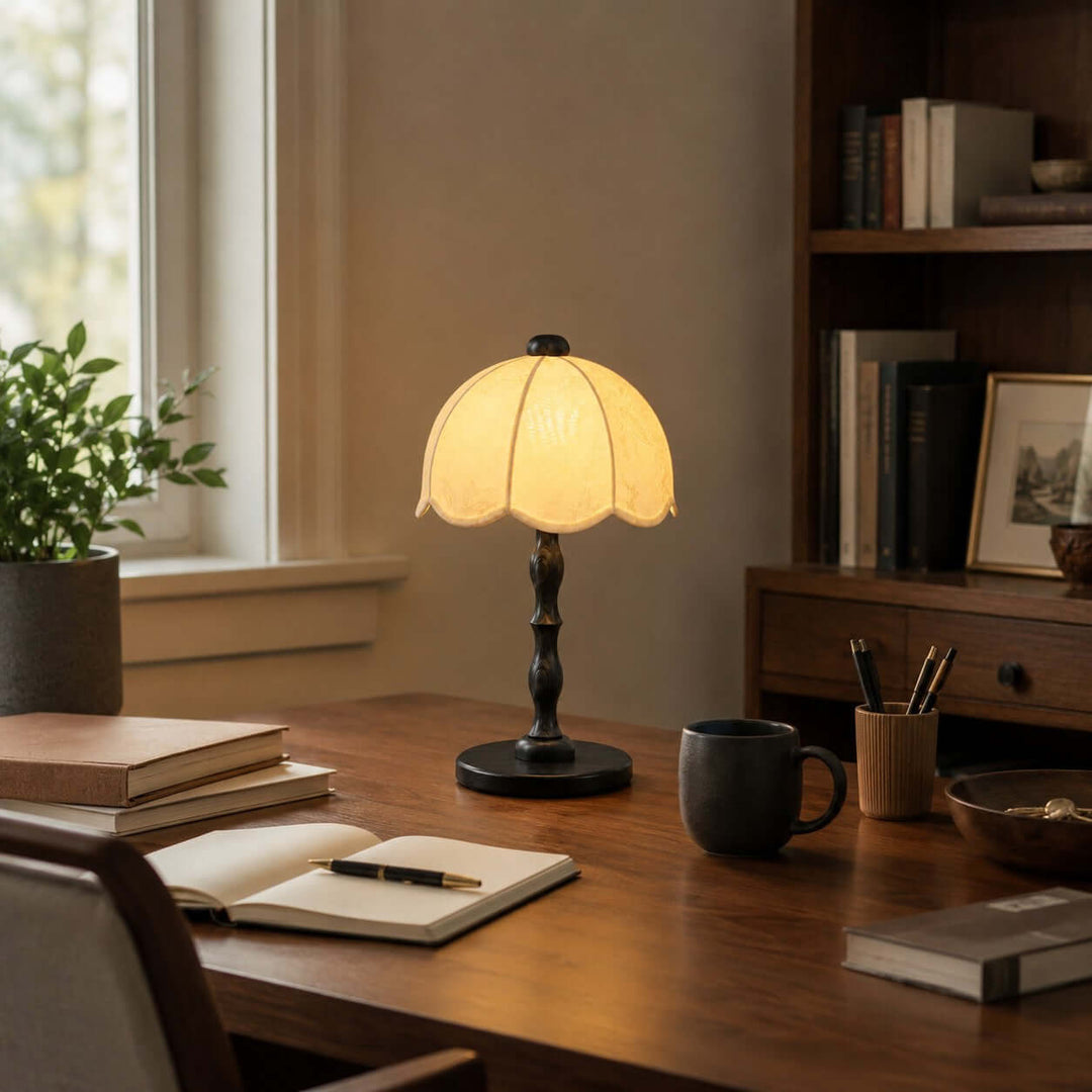 Tamber Vintage Wood Table Lamp with Scalloped Floral Shade