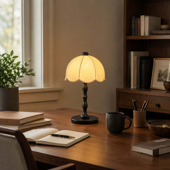 Tamber Vintage Wood Table Lamp with Scalloped Floral Shade