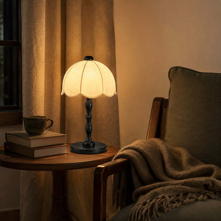 Tamber Vintage Wood Table Lamp with Scalloped Floral Shade