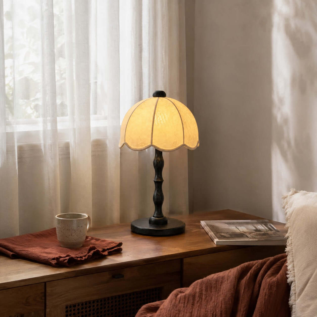 Tamber Vintage Wood Table Lamp with Scalloped Floral Shade