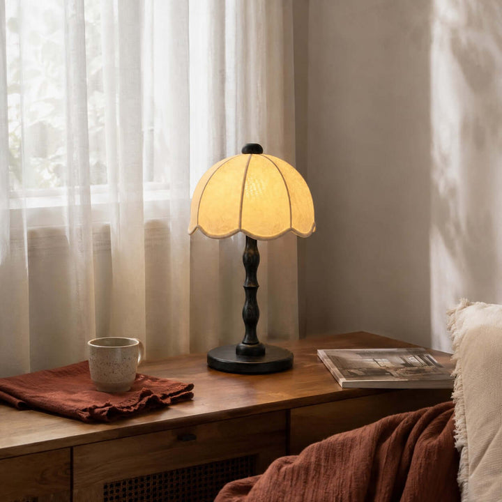 Tamber Vintage Wood Table Lamp with Scalloped Floral Shade
