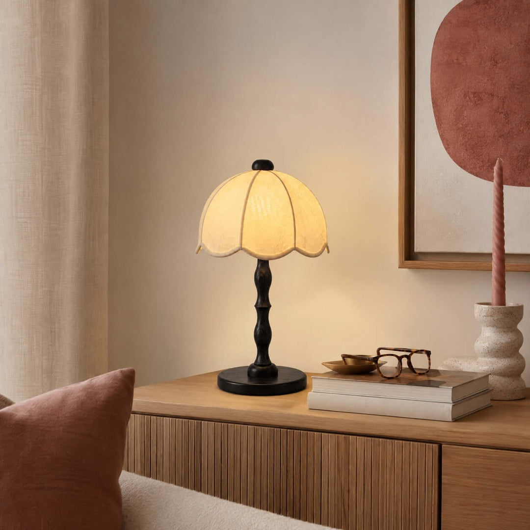 Tamber Vintage Wood Table Lamp with Scalloped Floral Shade