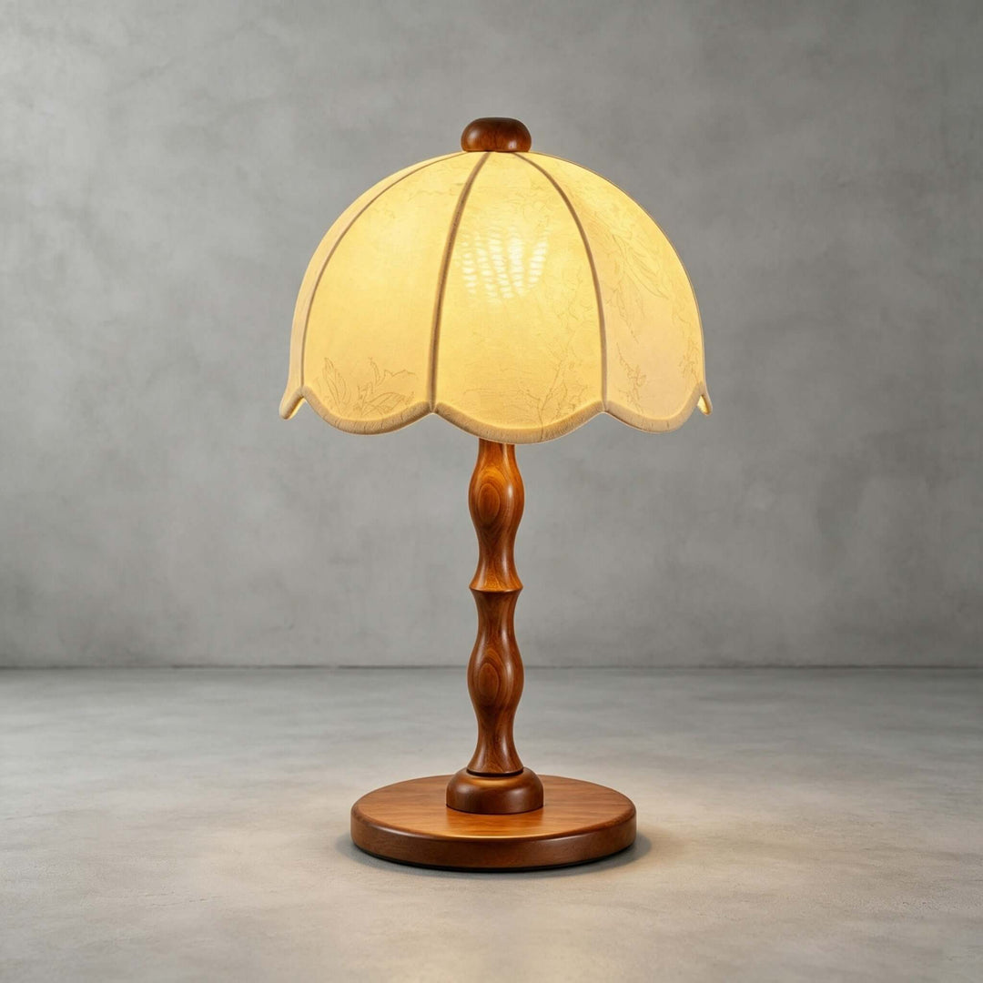 Tamber Vintage Wood Table Lamp with Scalloped Floral Shade