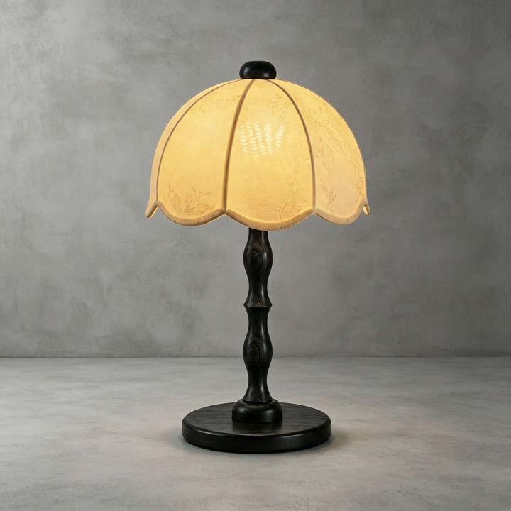 Tamber Vintage Wood Table Lamp with Scalloped Floral Shade