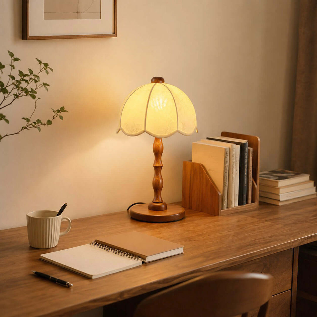 Tamber Vintage Wood Table Lamp with Scalloped Floral Shade