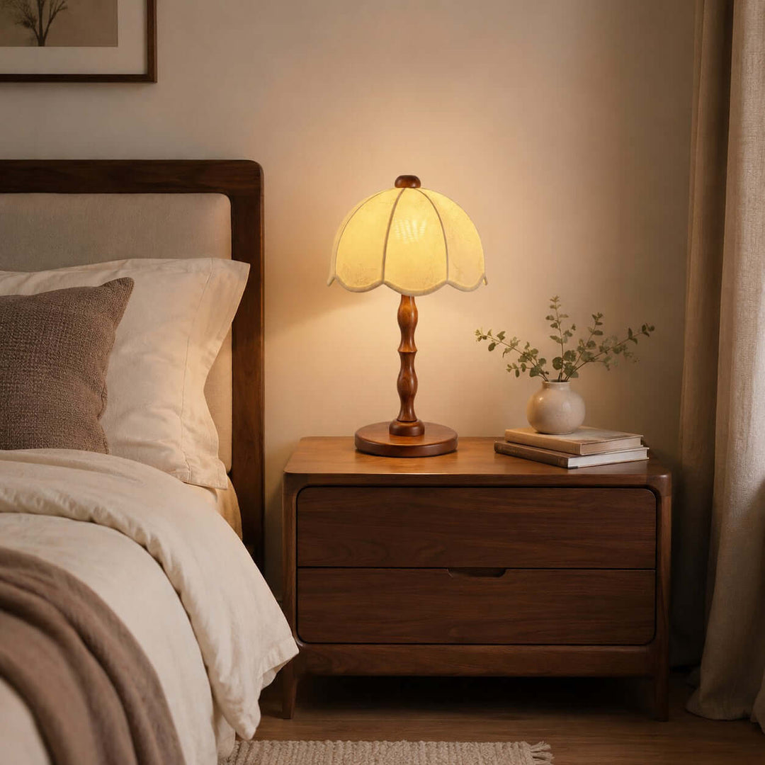 Tamber Vintage Wood Table Lamp with Scalloped Floral Shade