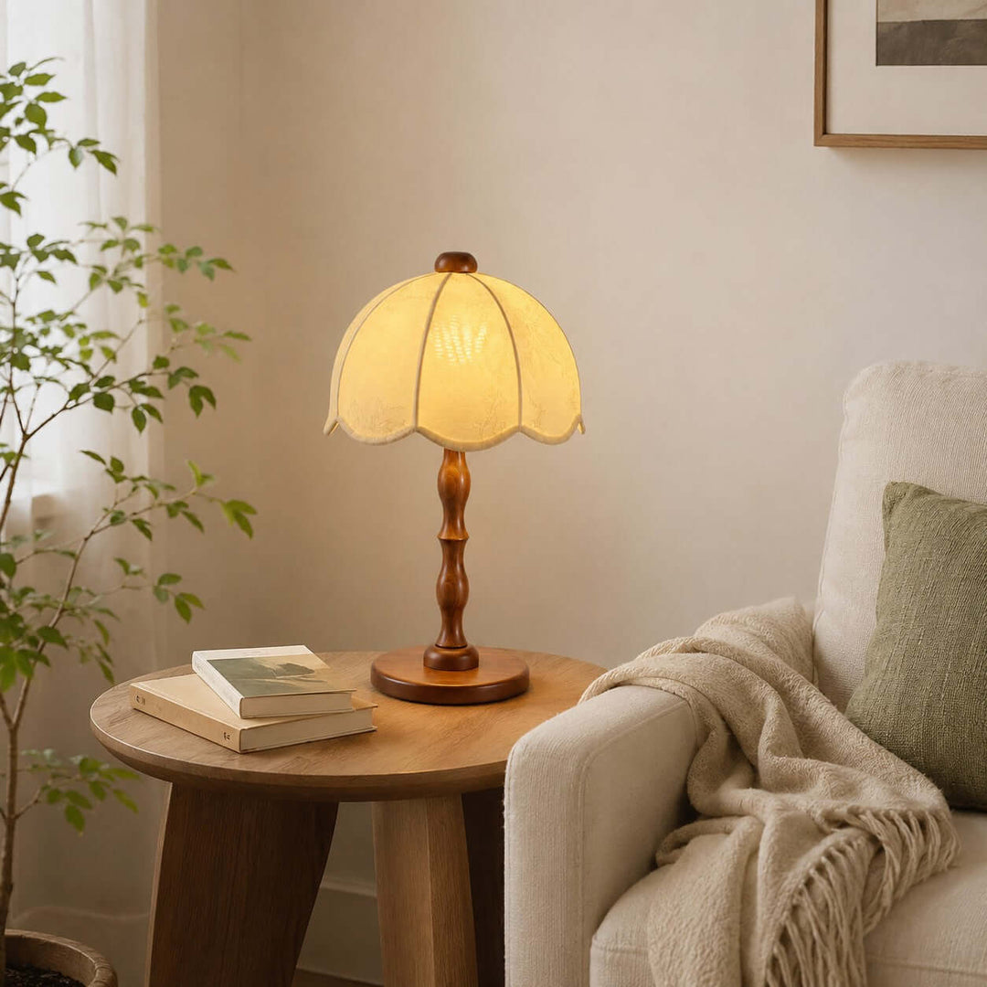 Tamber Vintage Wood Table Lamp with Scalloped Floral Shade