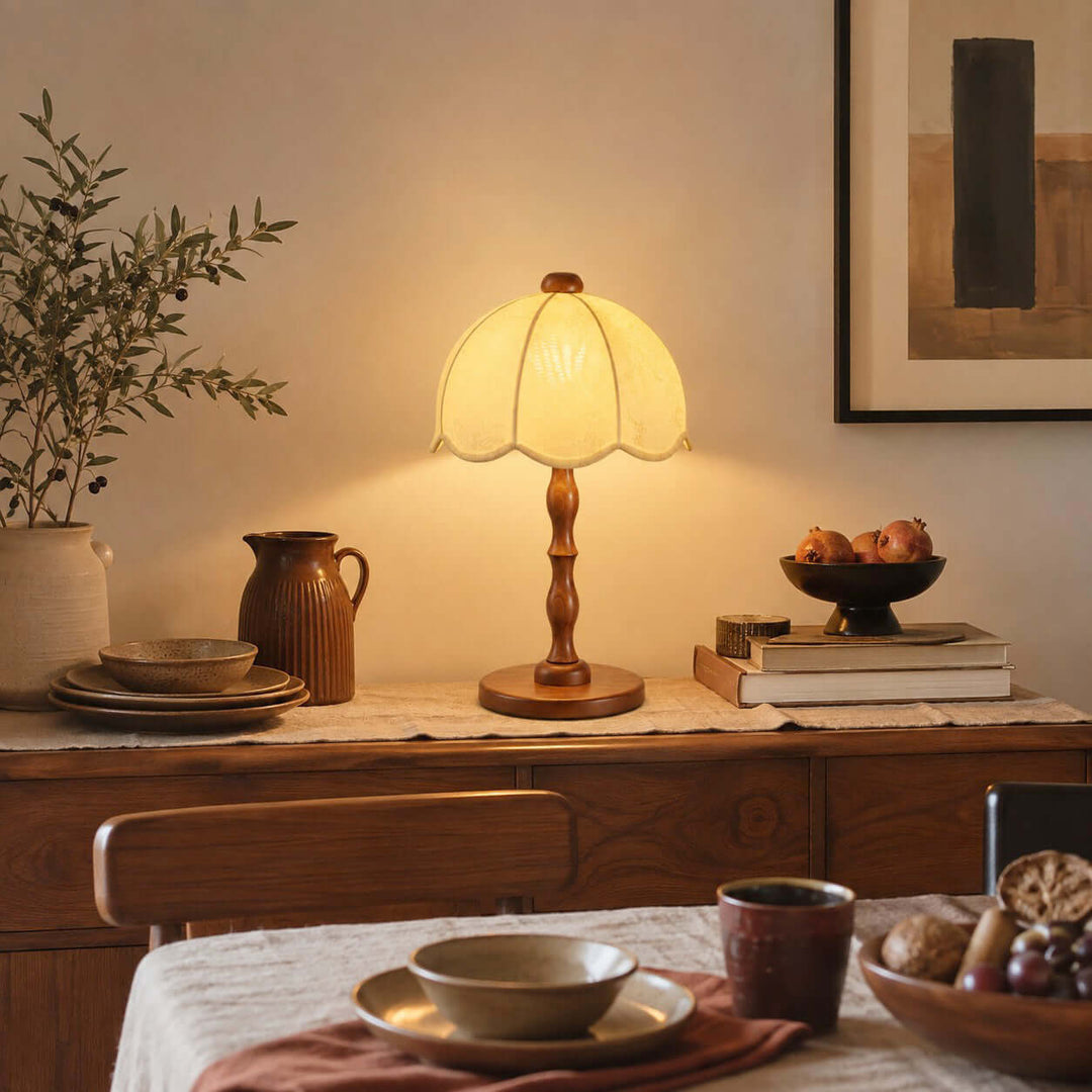 Tamber Vintage Wood Table Lamp with Scalloped Floral Shade