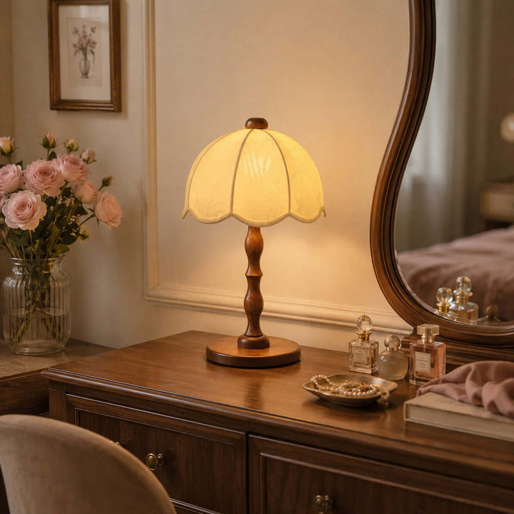 Tamber Vintage Wood Table Lamp with Scalloped Floral Shade
