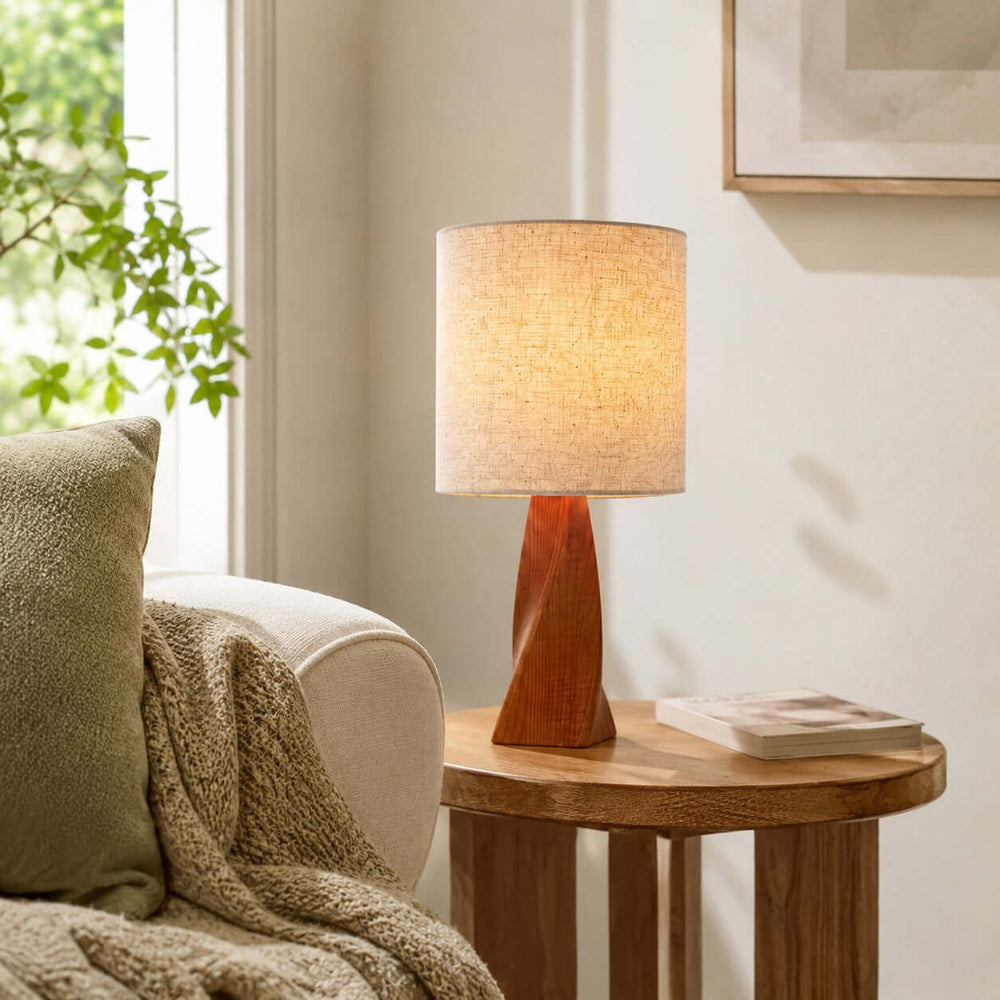 Tavilo Geometric Wooden Accent Table Lamp with Beige Fabric Shade