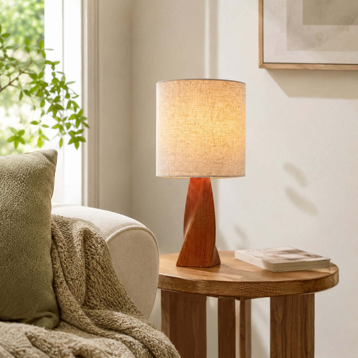 Tavilo Geometric Wooden Accent Table Lamp with Beige Fabric Shade