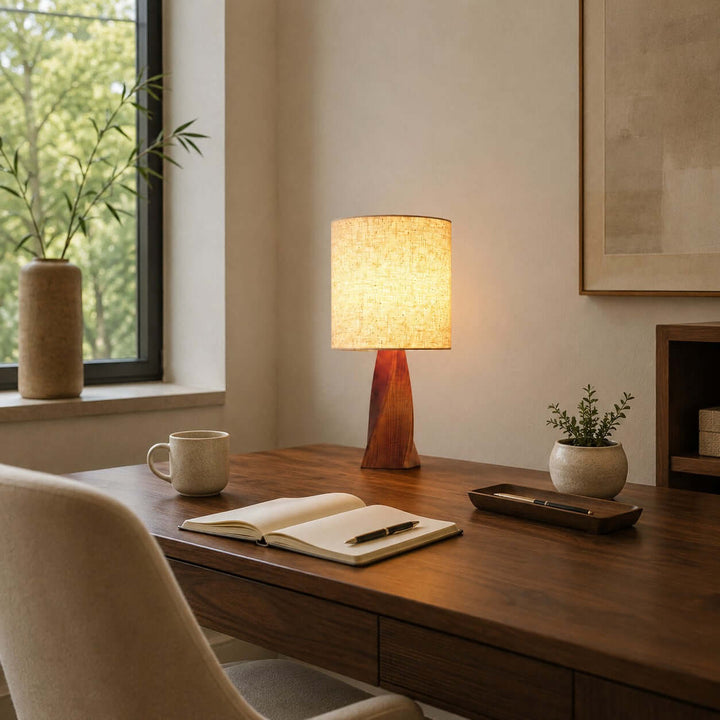 Tavilo Geometric Wooden Accent Table Lamp with Beige Fabric Shade
