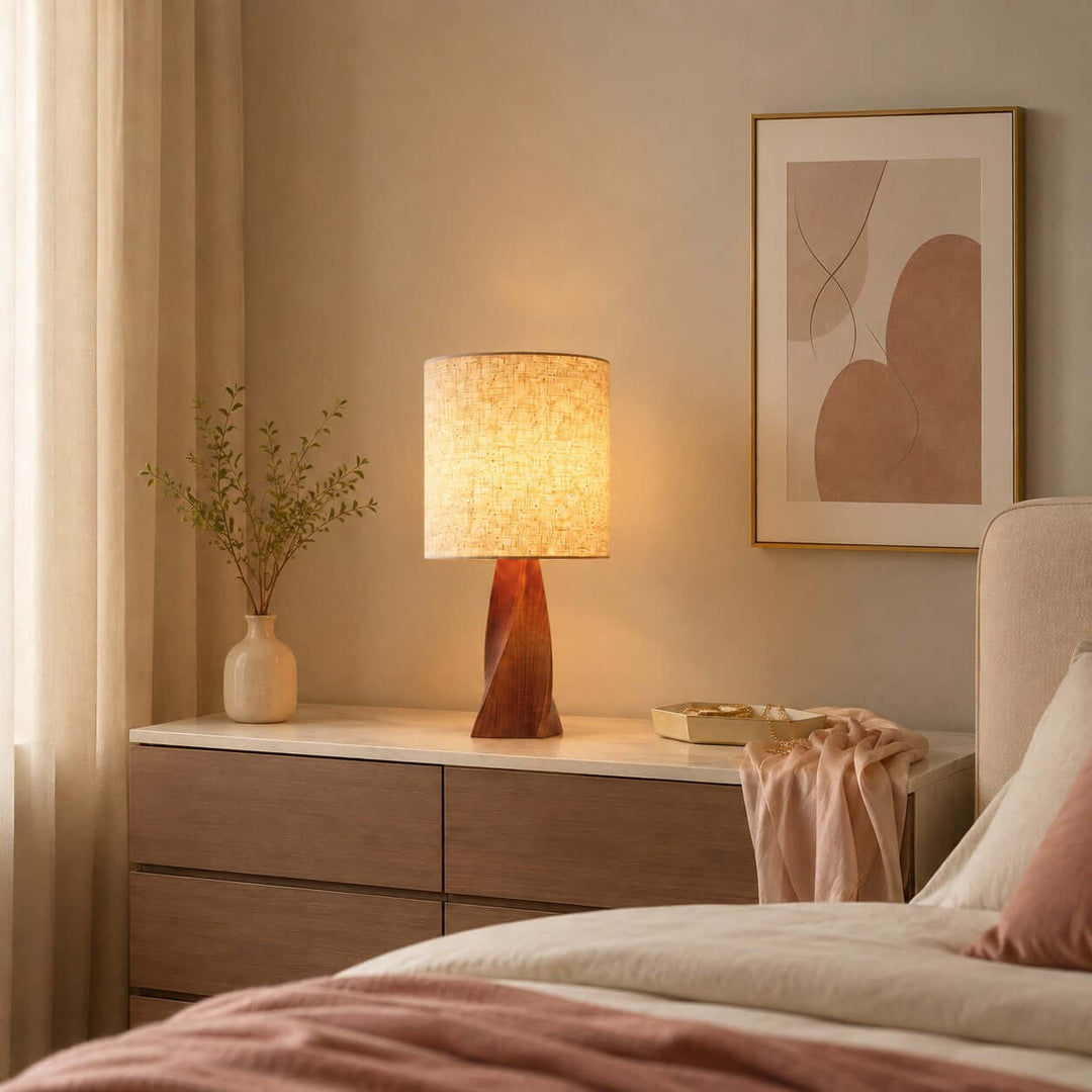Tavilo Geometric Wooden Accent Table Lamp with Beige Fabric Shade