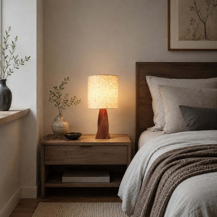 Tavilo Geometric Wooden Accent Table Lamp with Beige Fabric Shade