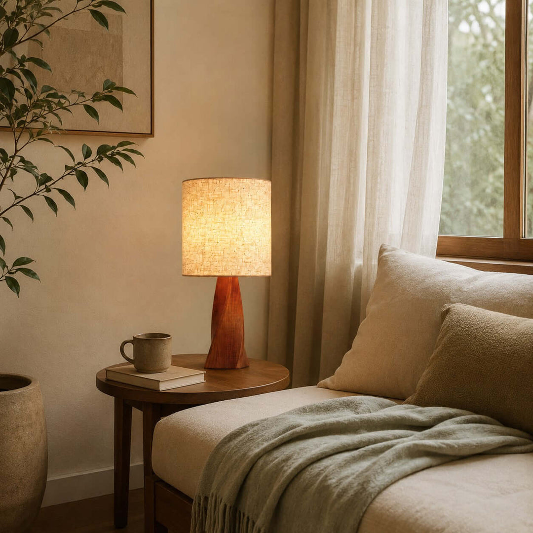 Tavilo Geometric Wooden Accent Table Lamp with Beige Fabric Shade