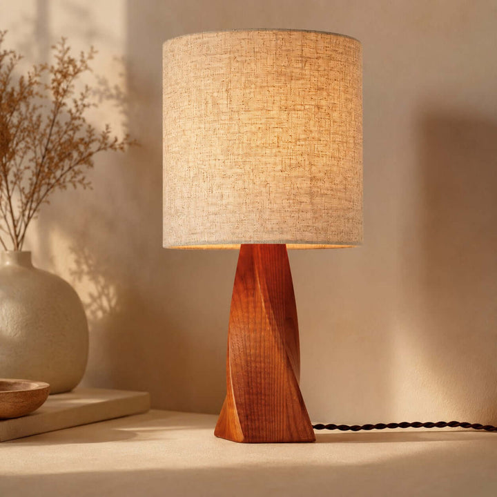Tavilo Geometric Wooden Accent Table Lamp with Beige Fabric Shade