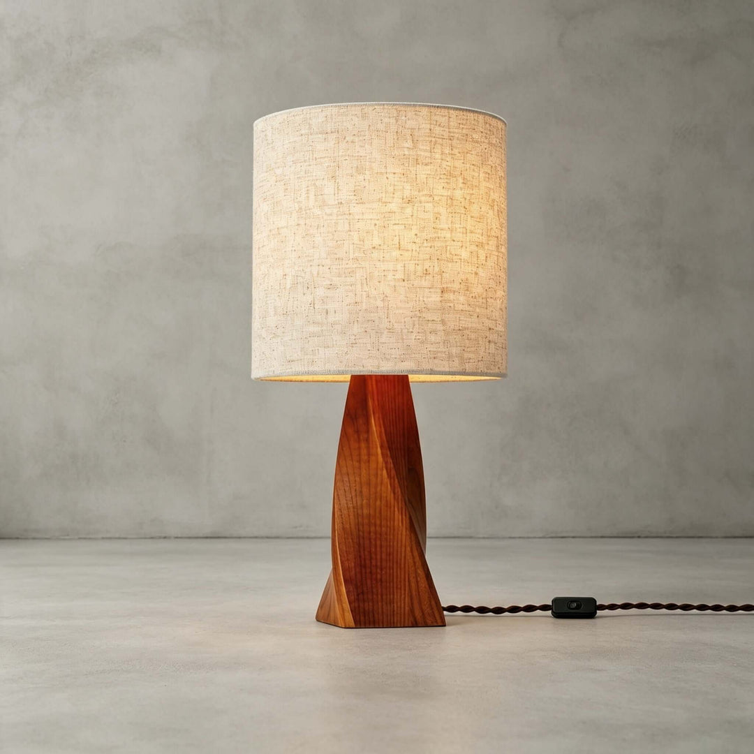Tavilo Geometric Wooden Accent Table Lamp with Beige Fabric Shade