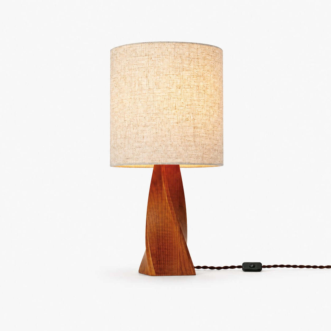 Tavilo Geometric Wooden Accent Table Lamp with Beige Fabric Shade