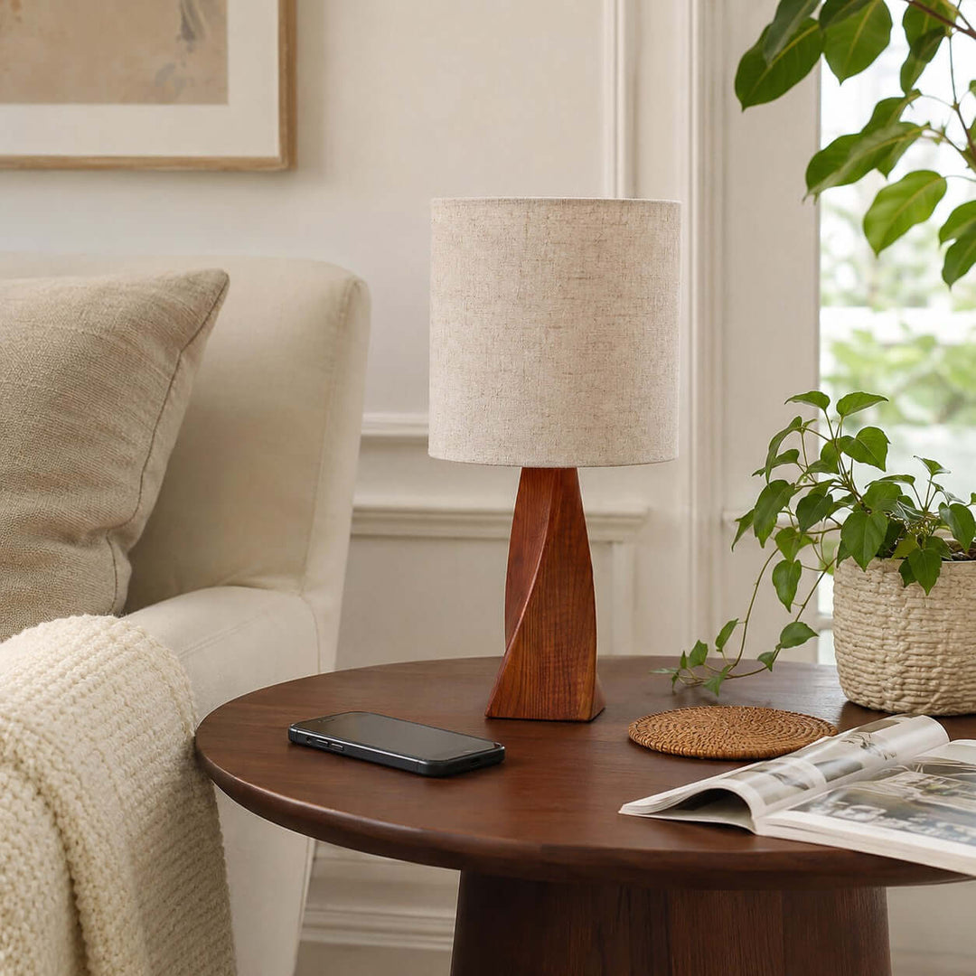 Tavilo Geometric Wooden Accent Table Lamp with Beige Fabric Shade