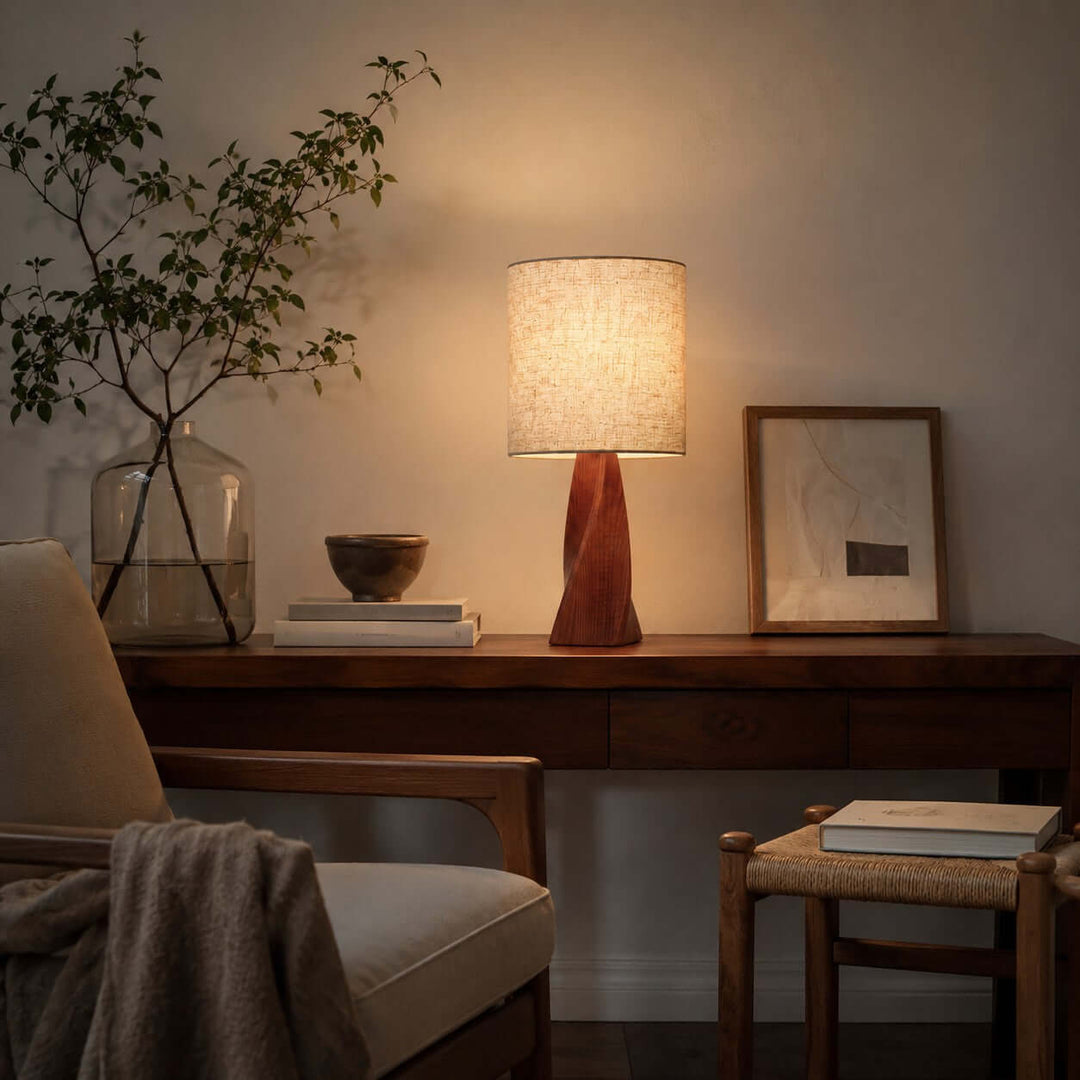 Tavilo Geometric Wooden Accent Table Lamp with Beige Fabric Shade