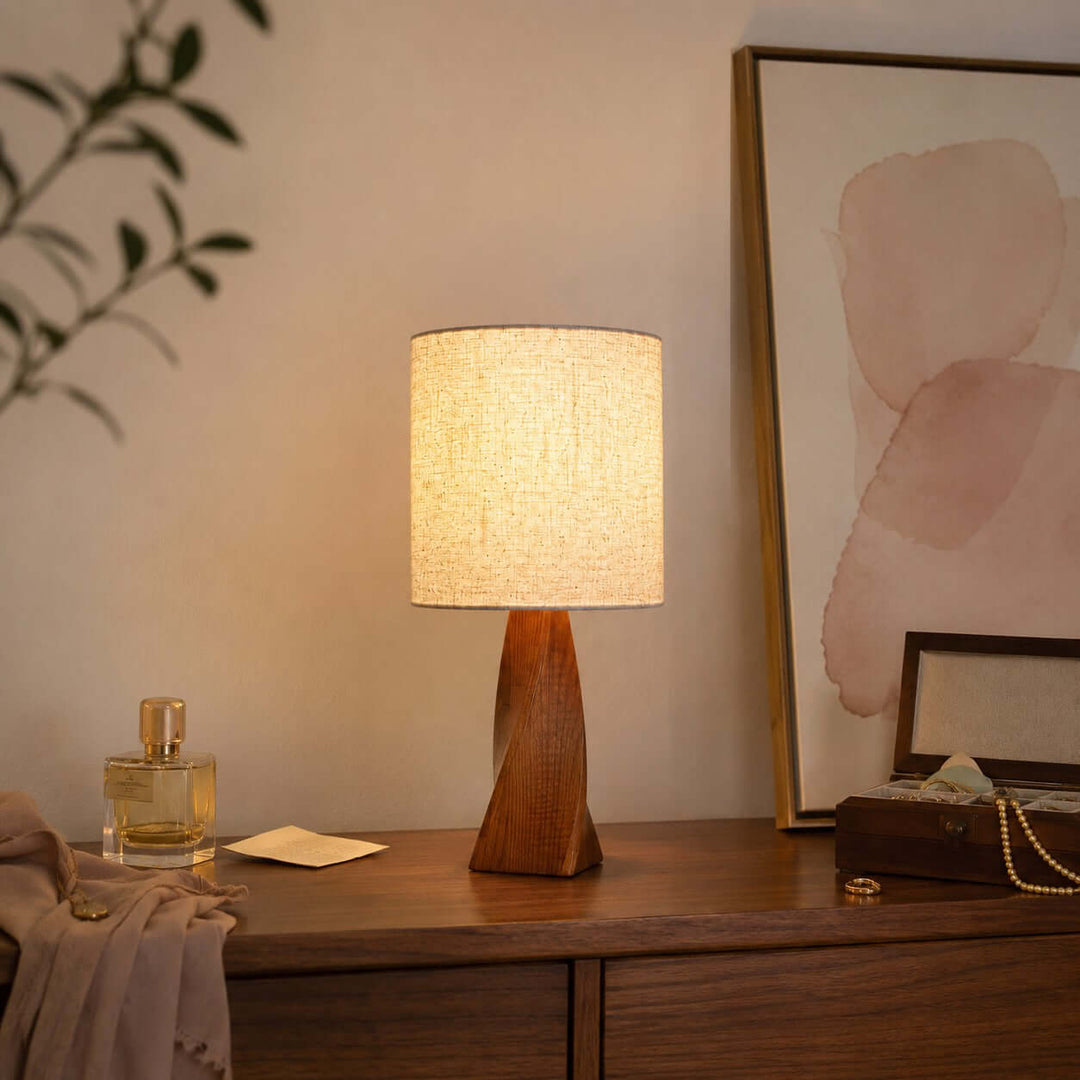 Tavilo Geometric Wooden Accent Table Lamp with Beige Fabric Shade