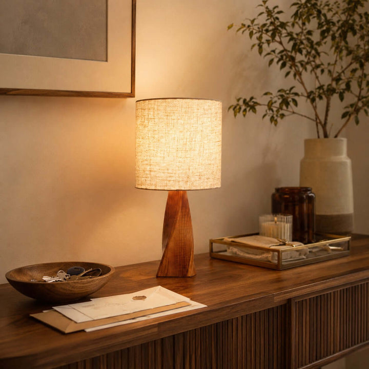 Tavilo Geometric Wooden Accent Table Lamp with Beige Fabric Shade