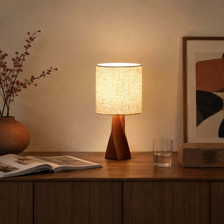 Tavilo Geometric Wooden Accent Table Lamp with Beige Fabric Shade