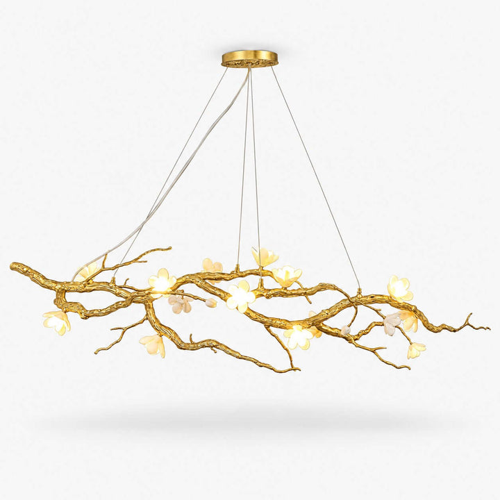 Thalvex Linear Chandelier with Gold Branches and Ceramic Flowers