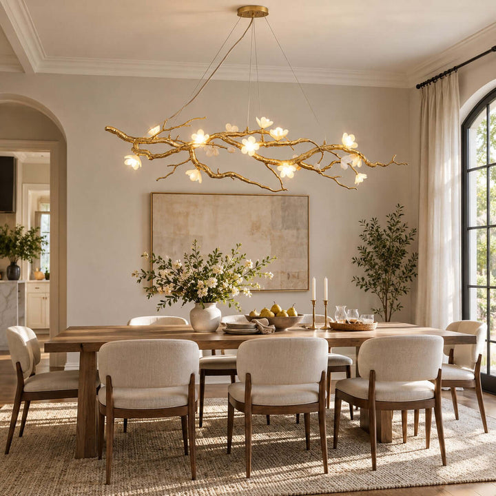 Thalvex Linear Chandelier with Gold Branches and Ceramic Flowers