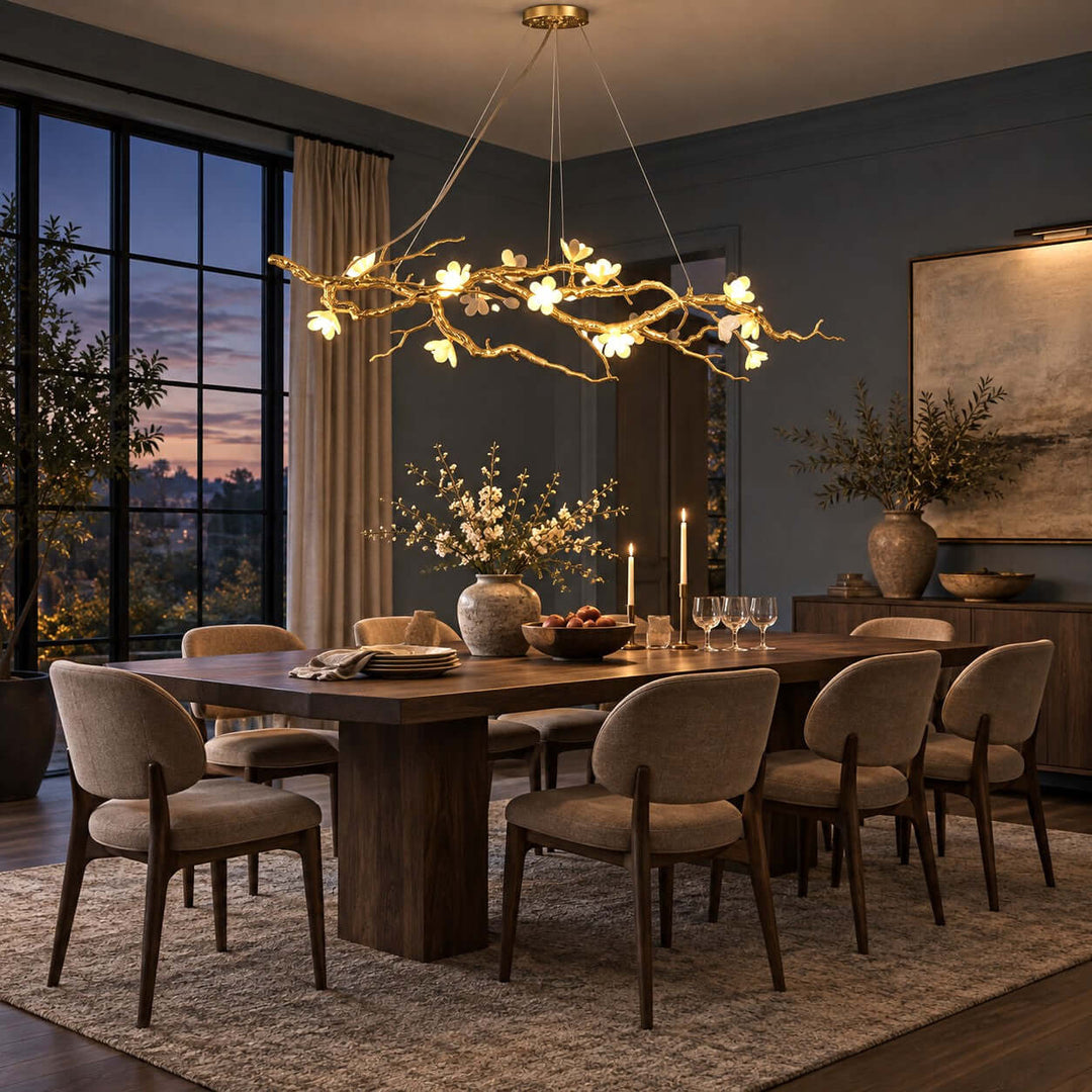 Thalvex Linear Chandelier with Gold Branches and Ceramic Flowers