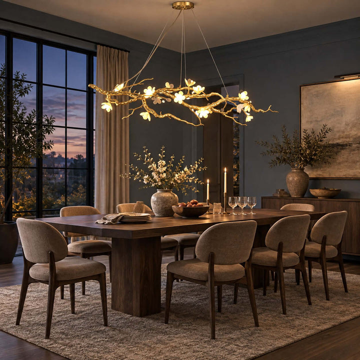 Thalvex Linear Chandelier with Gold Branches and Ceramic Flowers