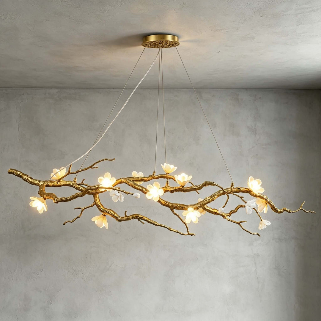 Thalvex Linear Chandelier with Gold Branches and Ceramic Flowers