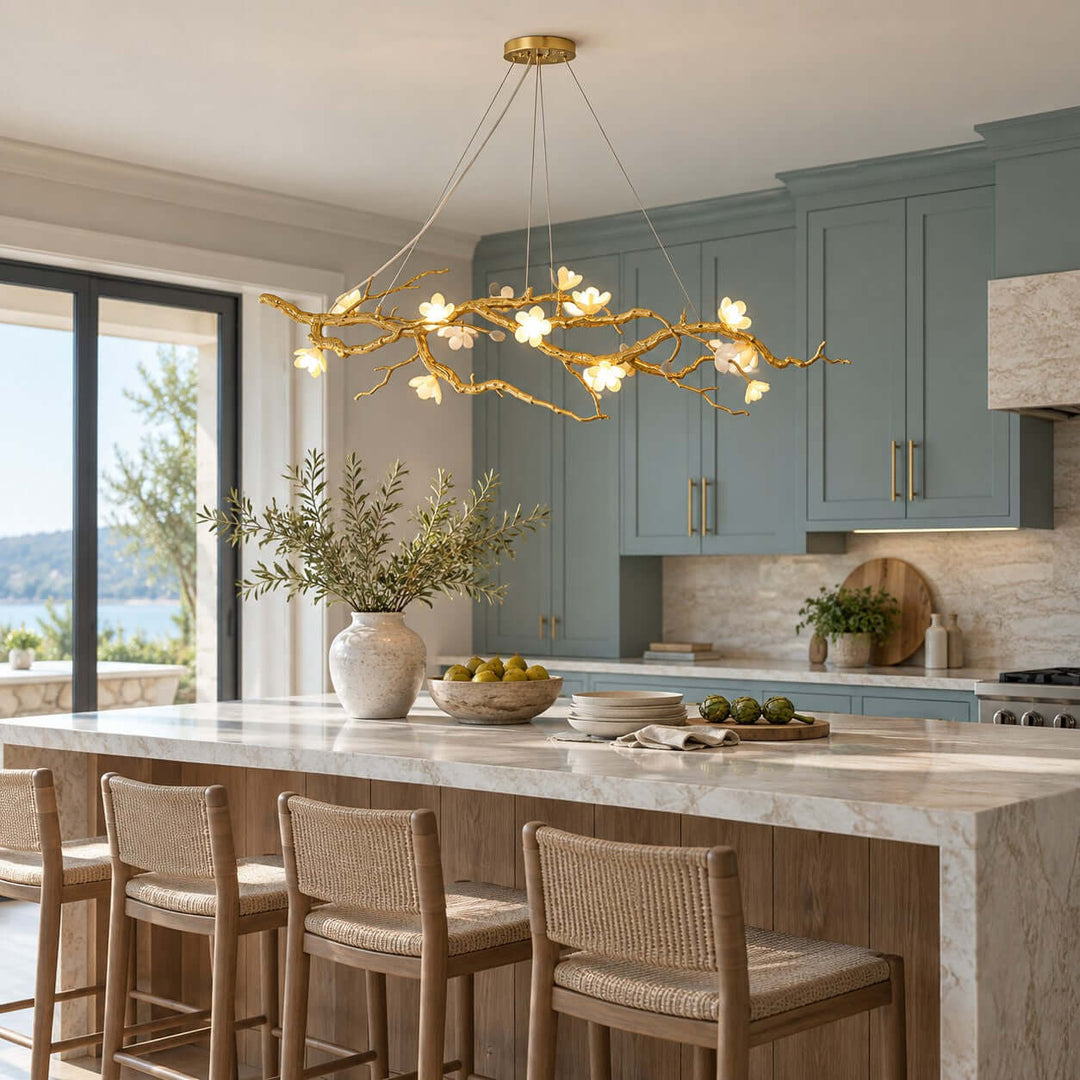 Thalvex Linear Chandelier with Gold Branches and Ceramic Flowers