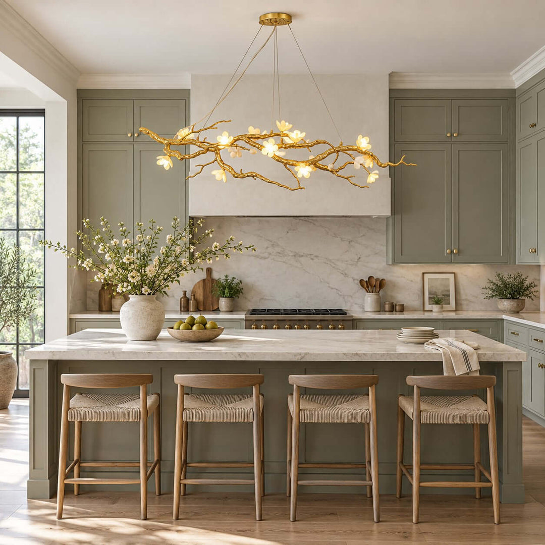 Thalvex Linear Chandelier with Gold Branches and Ceramic Flowers