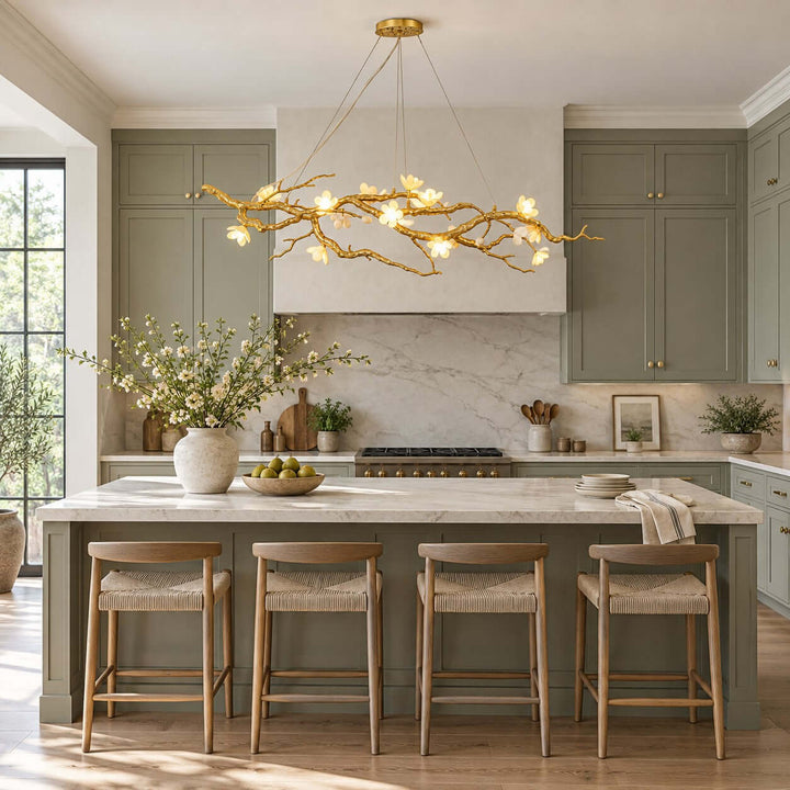 Thalvex Linear Chandelier with Gold Branches and Ceramic Flowers