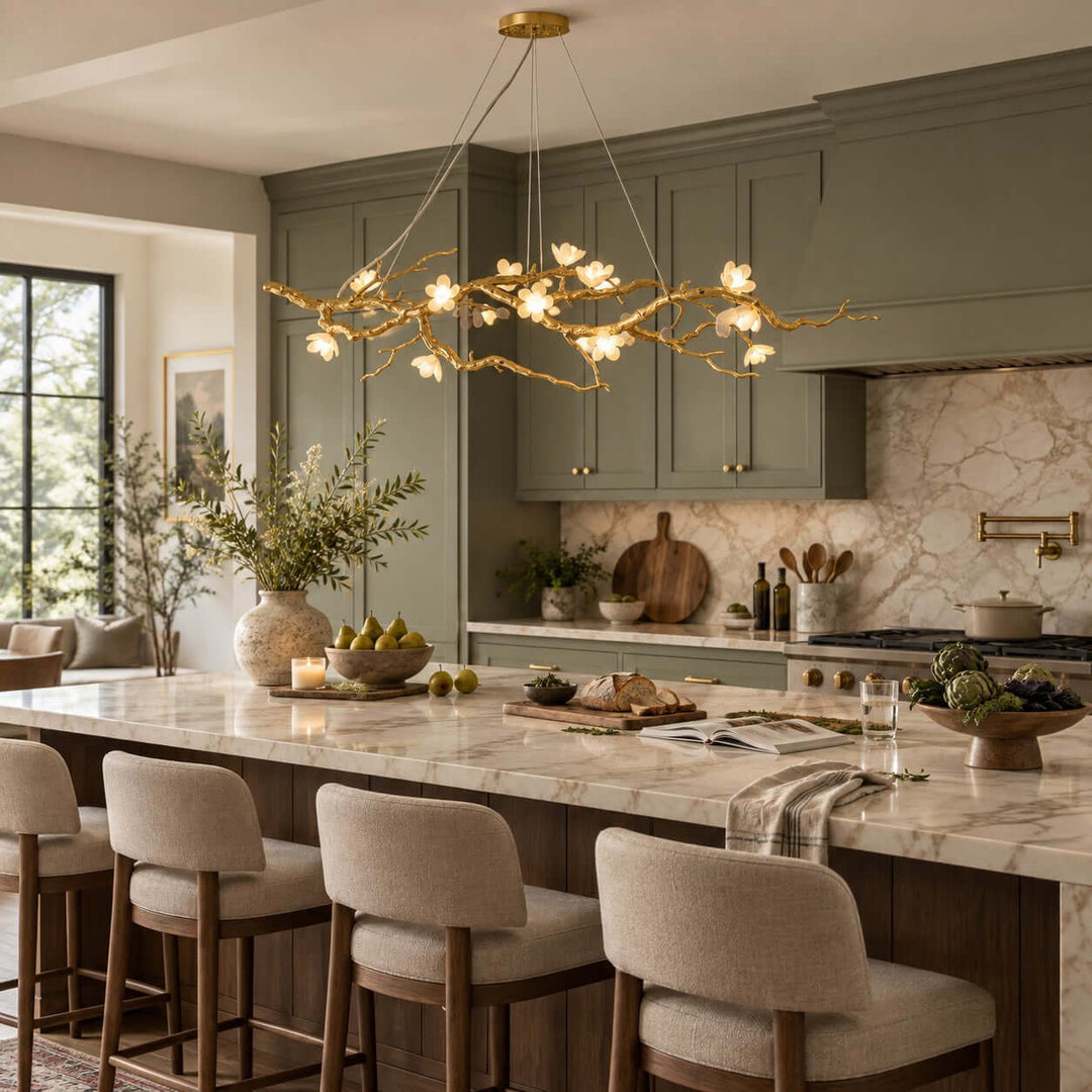 Thalvex Linear Chandelier with Gold Branches and Ceramic Flowers