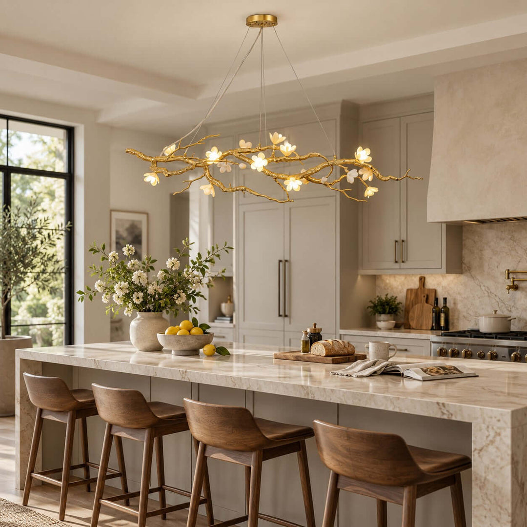 Thalvex Linear Chandelier with Gold Branches and Ceramic Flowers