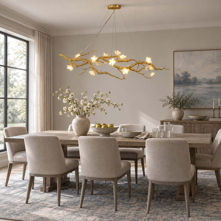Thalvex Linear Chandelier with Gold Branches and Ceramic Flowers