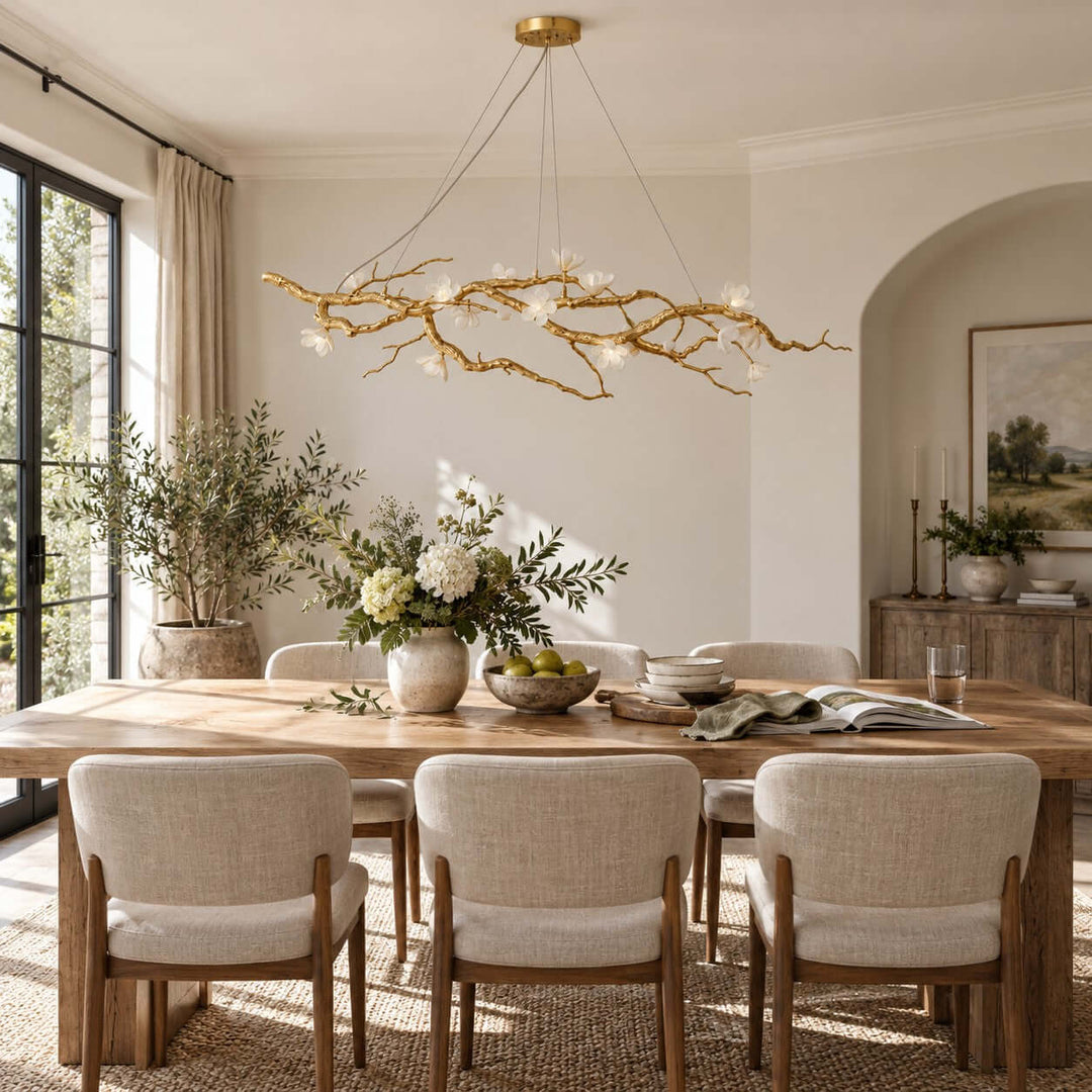 Thalvex Linear Chandelier with Gold Branches and Ceramic Flowers